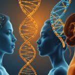 Illustration conceptuelle de la génétique de la personnalité, double hélice d'ADN et silhouettes humaines