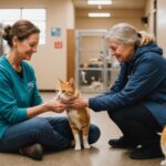 Bénévole caressant un chat et un chien dans un refuge animalier