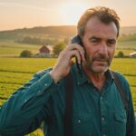 Agriculteur en discussion téléphonique dans un champ, illustration du conseil agricole