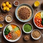 Repas équilibré à base de légumineuses, céréales complÚtes et légumes sur une table en bois
