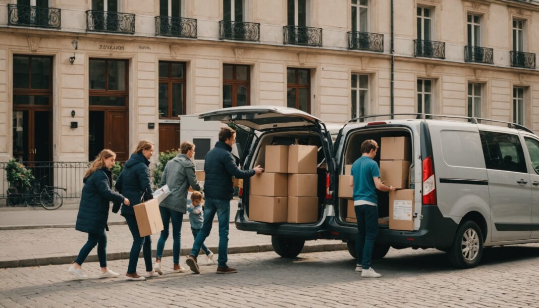 Déménagement d'une famille française chargeant des cartons dans une camionnette