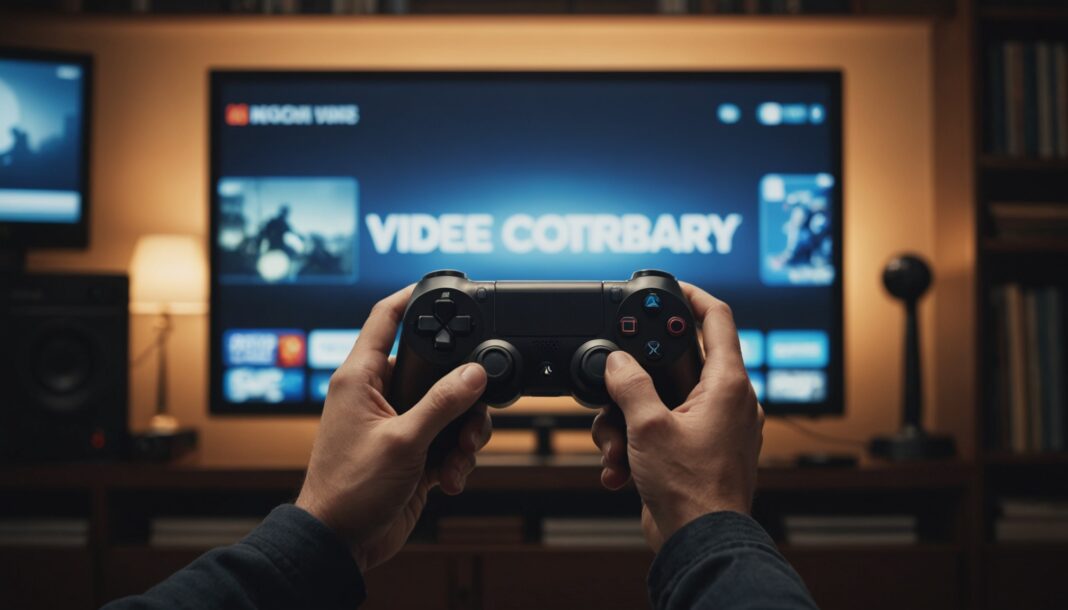 Joueur tenant une manette devant un écran affichant une bibliothèque de jeux numériques PlayStation