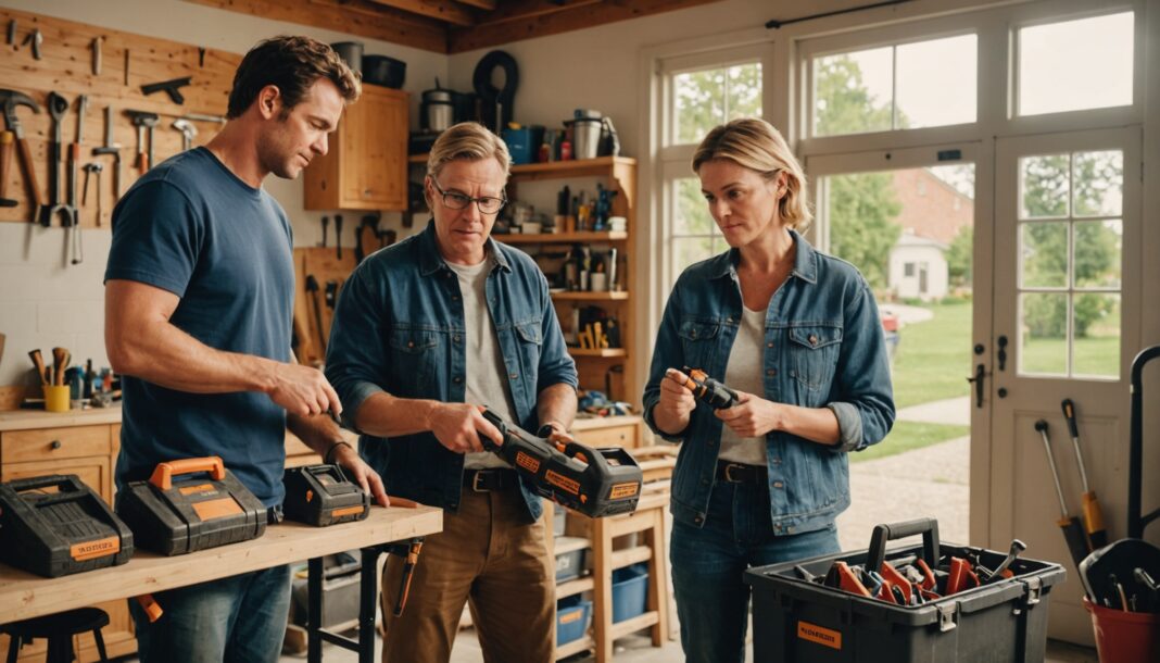 Deux voisins échangent des outils de bricolage dans un garage