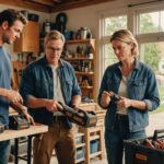Deux voisins échangent des outils de bricolage dans un garage