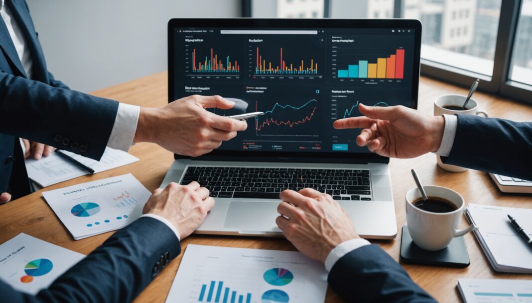 Bureaux d'une agence digitale avec écrans d'analyse web, illustration du rachat par le groupe Althays