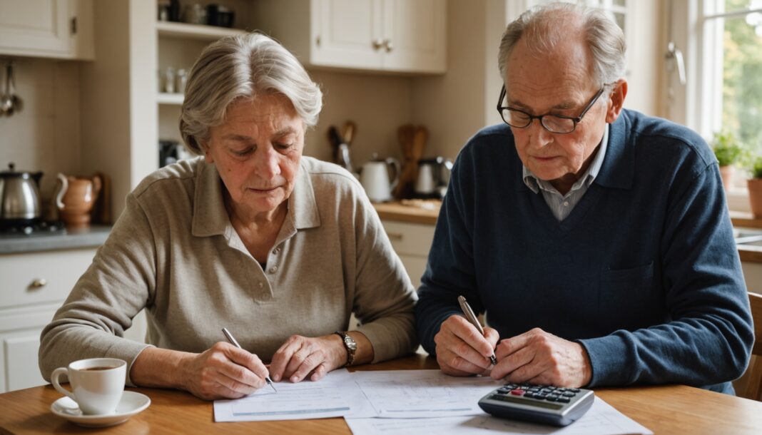 Couple de retraités français examinant des documents de pension à table
