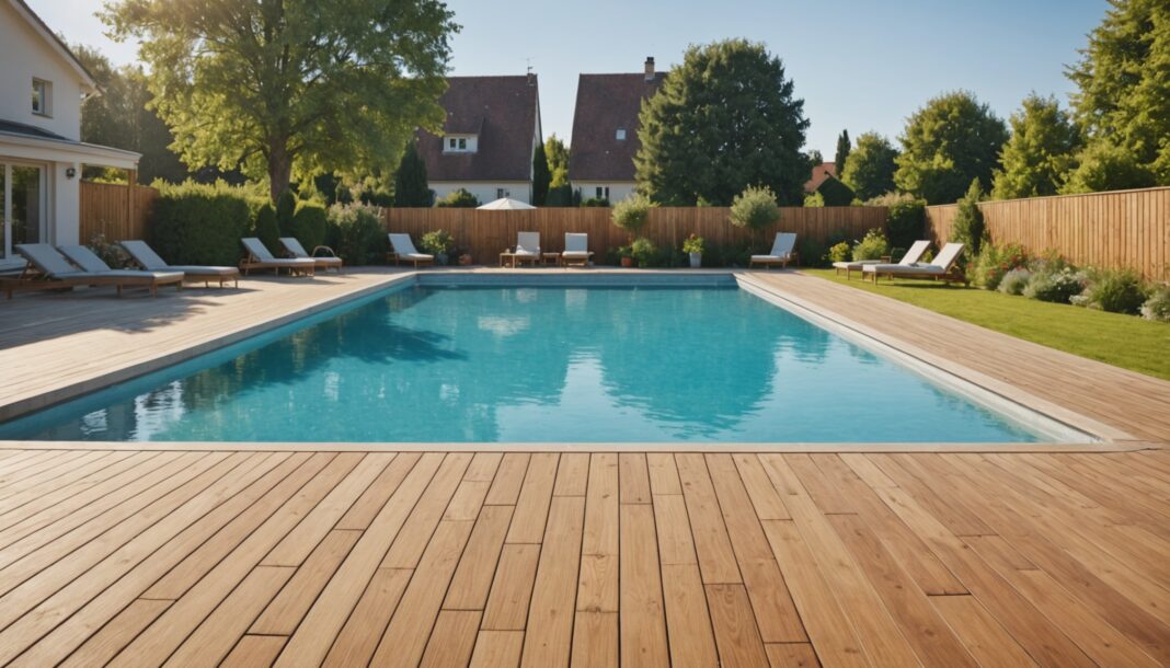 Piscine extérieure avec terrasse en bois dans un jardin résidentiel