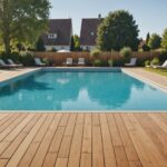 Piscine extérieure avec terrasse en bois dans un jardin résidentiel