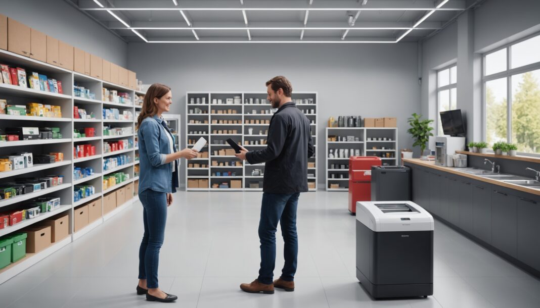 Client déposant un petit appareil électroménager usagé dans un magasin pour recyclage