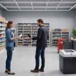 Client déposant un petit appareil électroménager usagé dans un magasin pour recyclage
