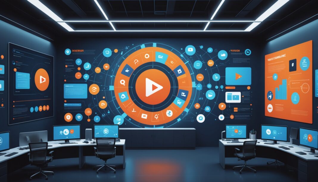 Illustration d'un tableau de bord publicitaire numérique avec campagnes vidéo et display