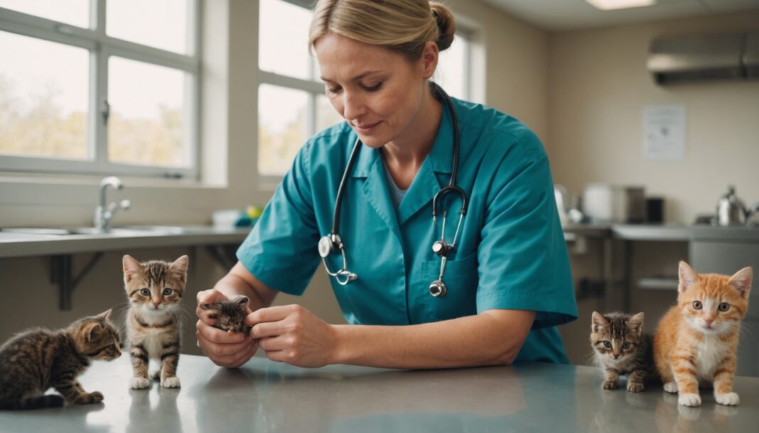 Vétérinaire examinant délicatement un chiot et un chaton dans un établissement moderne
