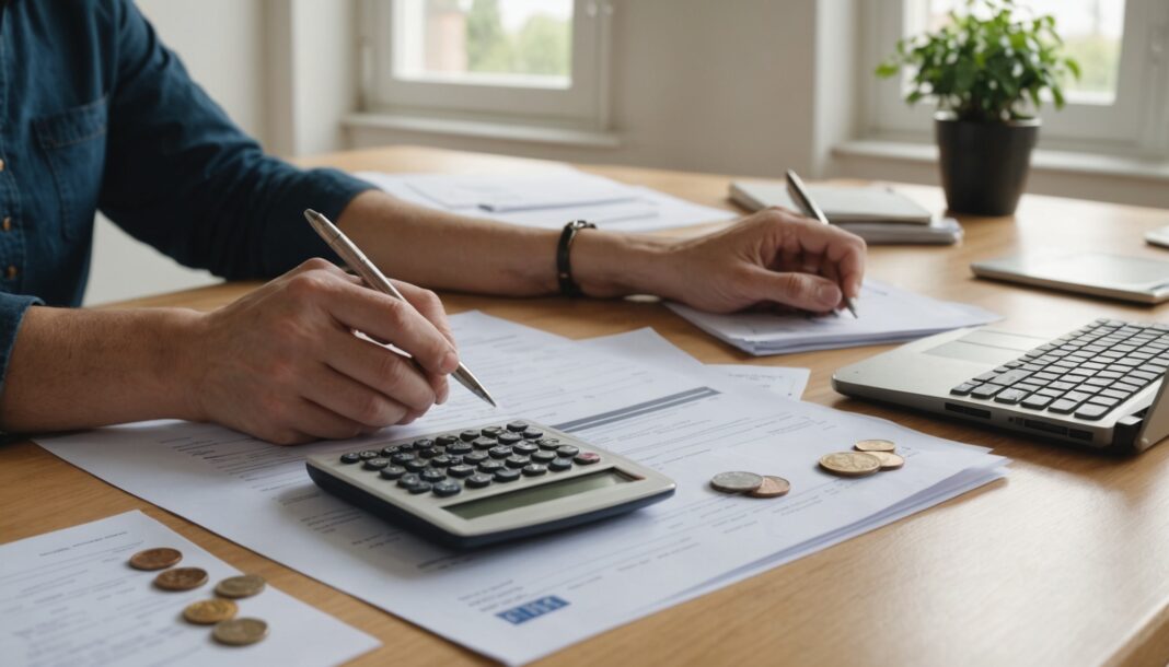 Personne consultant ses factures et calculant ses primes de parrainage à la maison