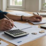 Personne consultant ses factures et calculant ses primes de parrainage à la maison