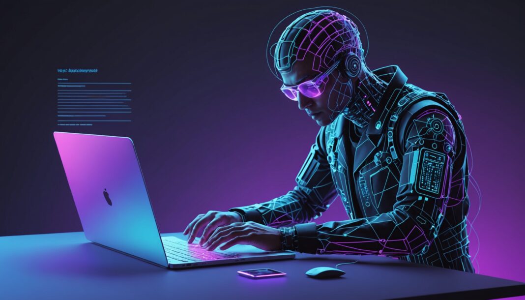 Illustration d'une personne créant un site web par intelligence artificielle sans écrire de code