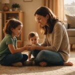 Un parent accroupi à hauteur d'enfant lui parle calmement dans un salon lumineux