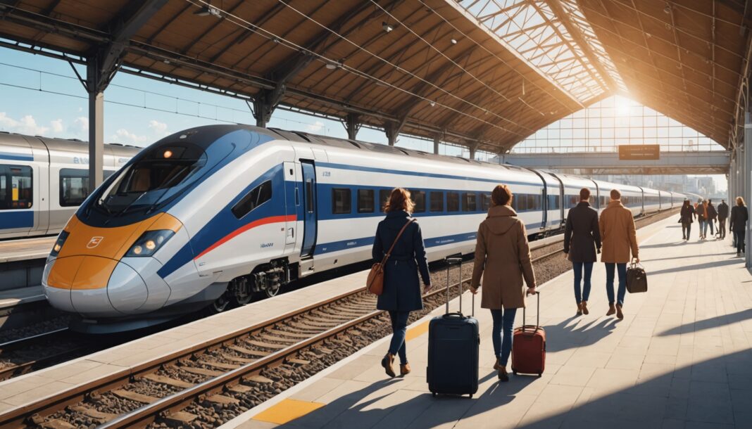 Voyageurs montant à bord d'un train à grande vitesse en gare