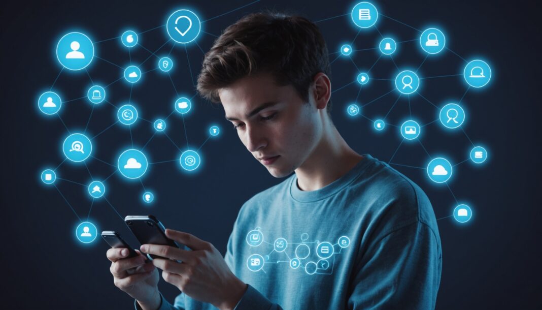 Illustration d'un jeune utilisant une intelligence artificielle conversationnelle pour une recherche en ligne