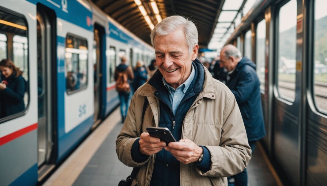 Senior souriant tenant un smartphone avec un billet de train, quai de gare en arrière-plan