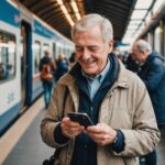 Senior souriant tenant un smartphone avec un billet de train, quai de gare en arrière-plan