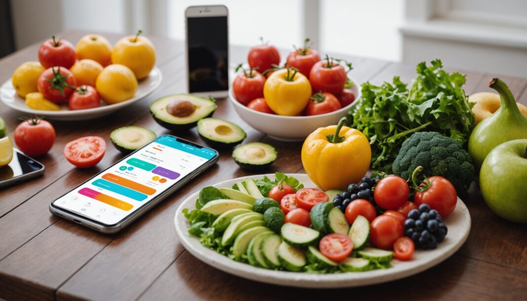 Assortiment d'aliments frais et sains à côté d'un smartphone affichant une application de nutrition personnalisée