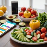 Assortiment d'aliments frais et sains à côté d'un smartphone affichant une application de nutrition personnalisée
