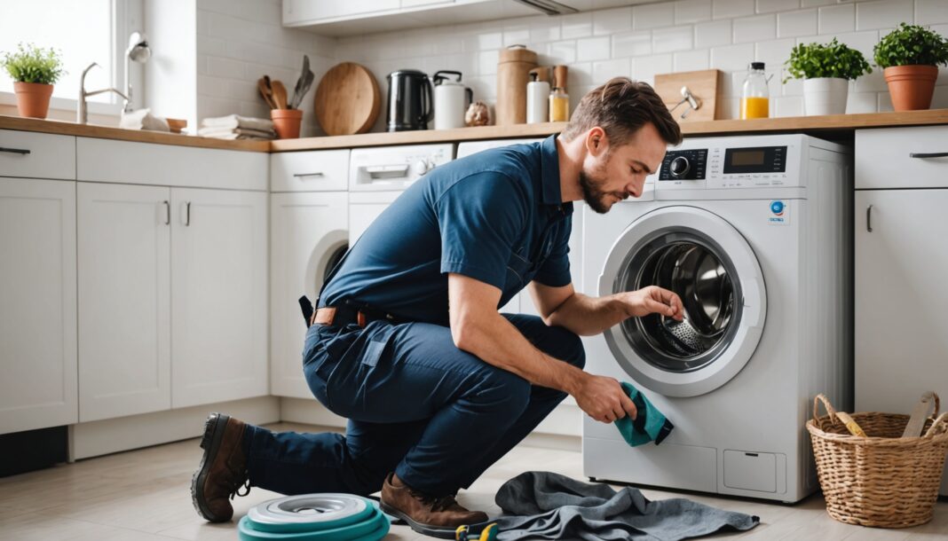 Technicien réparant un lave-linge, illustration du droit à la réparation électroménager