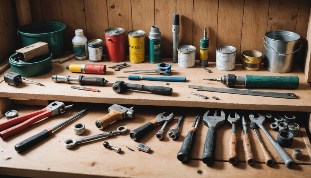 Outils de bricolage et matériaux de rénovation rangés dans un atelier, illustration du marché du bricolage en France