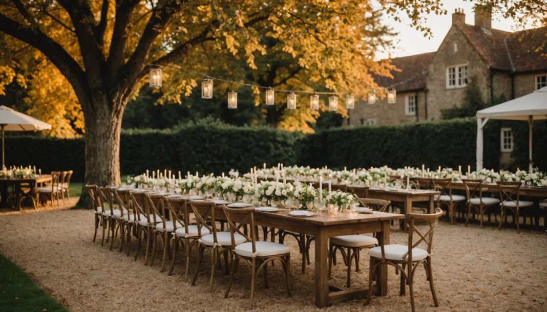 Table de réception de mariage décorée en extérieur au coucher du soleil