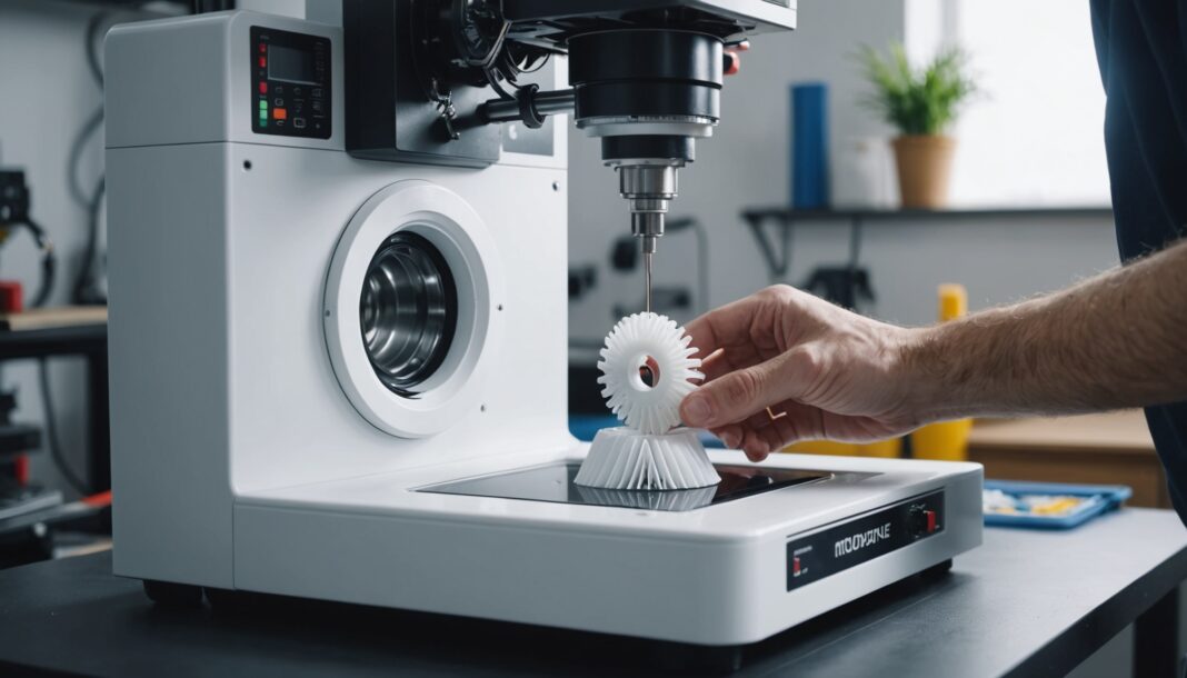 Technicien imprimant en 3D une pièce détachée d'électroménager dans un atelier de réparation
