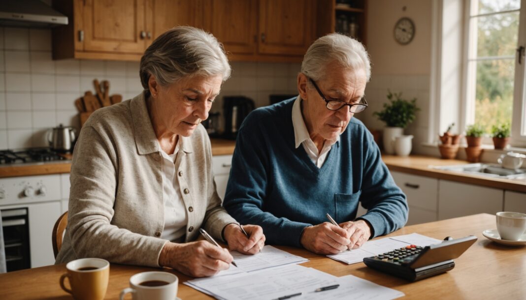 Couple de seniors examinant des documents financiers à table