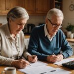 Couple de seniors examinant des documents financiers à table
