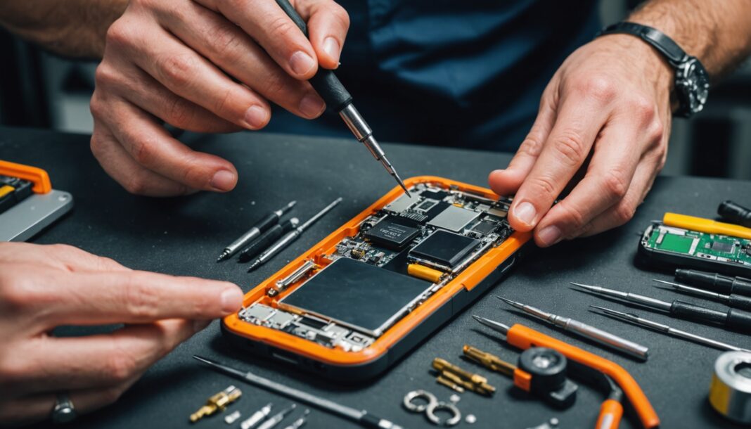 Technicien réparant un smartphone sur un établi avec des outils de précision