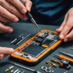 Technicien réparant un smartphone sur un établi avec des outils de précision