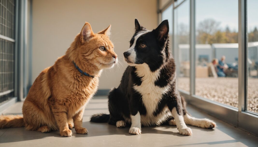 Chien et chat ensemble dans un refuge lumineux, symbole de l'adoption plutôt que de la vente en animalerie