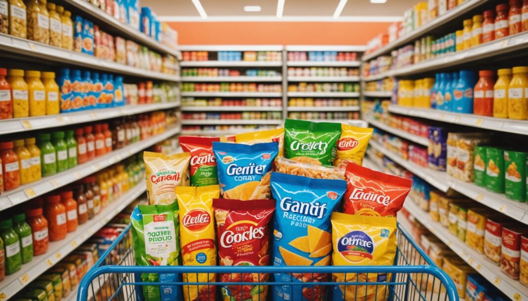 Chariot de supermarché rempli de produits alimentaires emballés dans un rayon