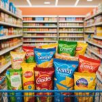 Chariot de supermarché rempli de produits alimentaires emballés dans un rayon