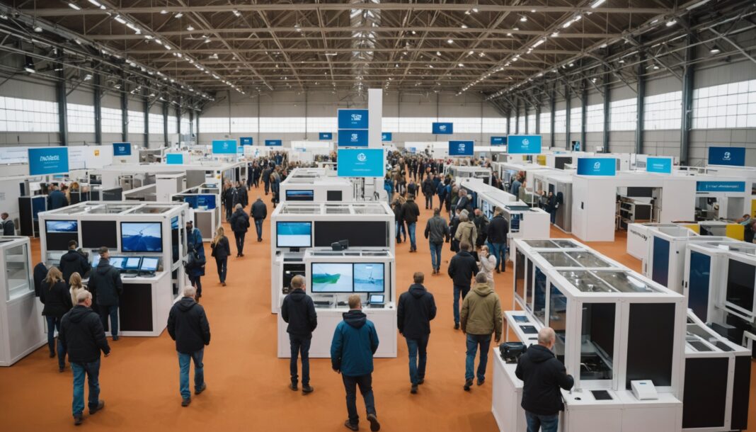 Hall d'exposition du salon international de l'élevage avec stands et visiteurs professionnels