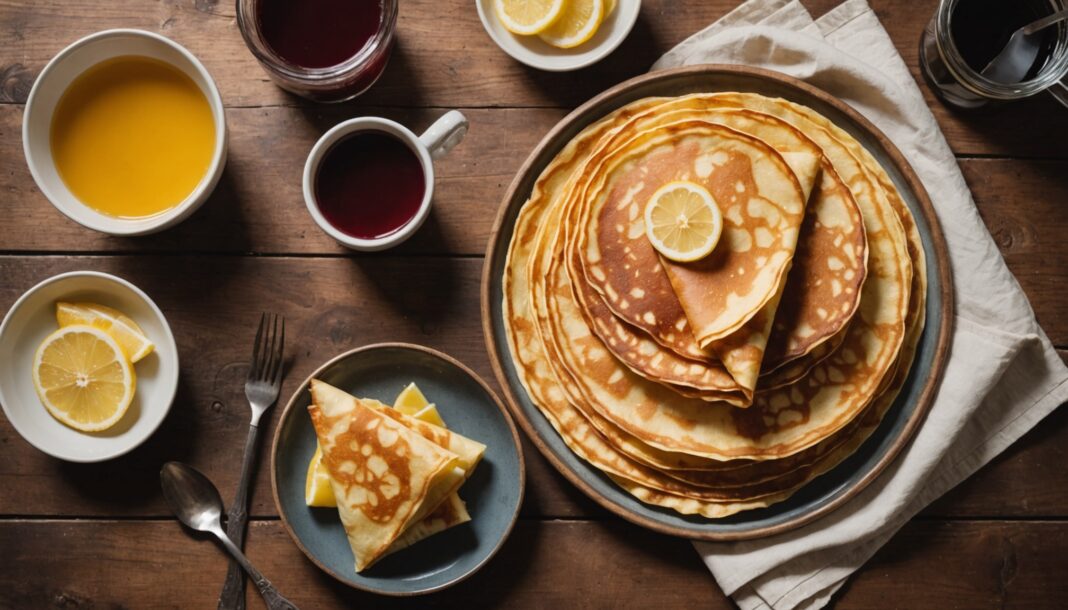 Pile de crêpes maison dorées avec citron et confiture, recette crêpes