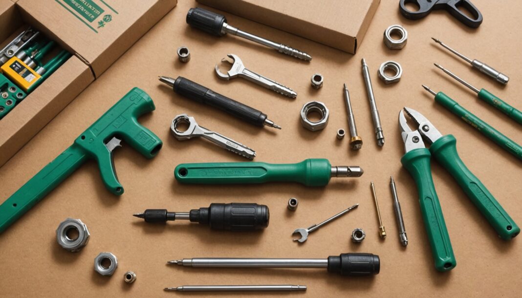 Outils de bricolage posés à côté d'un emballage carton recyclable