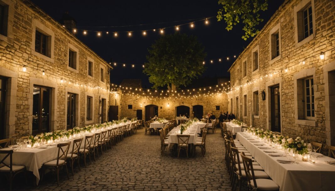 Salle des fêtes décorée pour un mariage en plein air au coucher du soleil