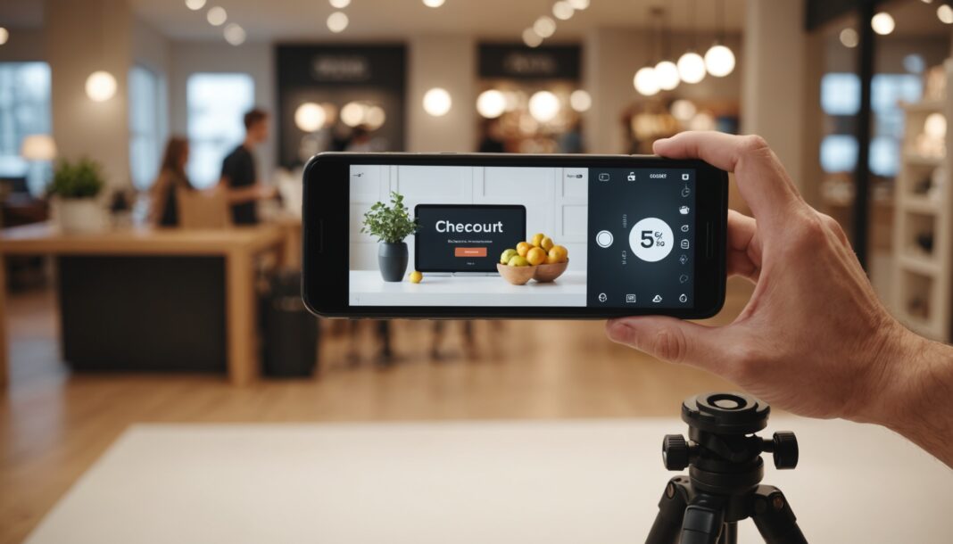 Smartphone affichant un code promo lors d'un achat en ligne, avec créateur de contenu en arrière-plan