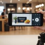 Smartphone affichant un code promo lors d'un achat en ligne, avec créateur de contenu en arrière-plan