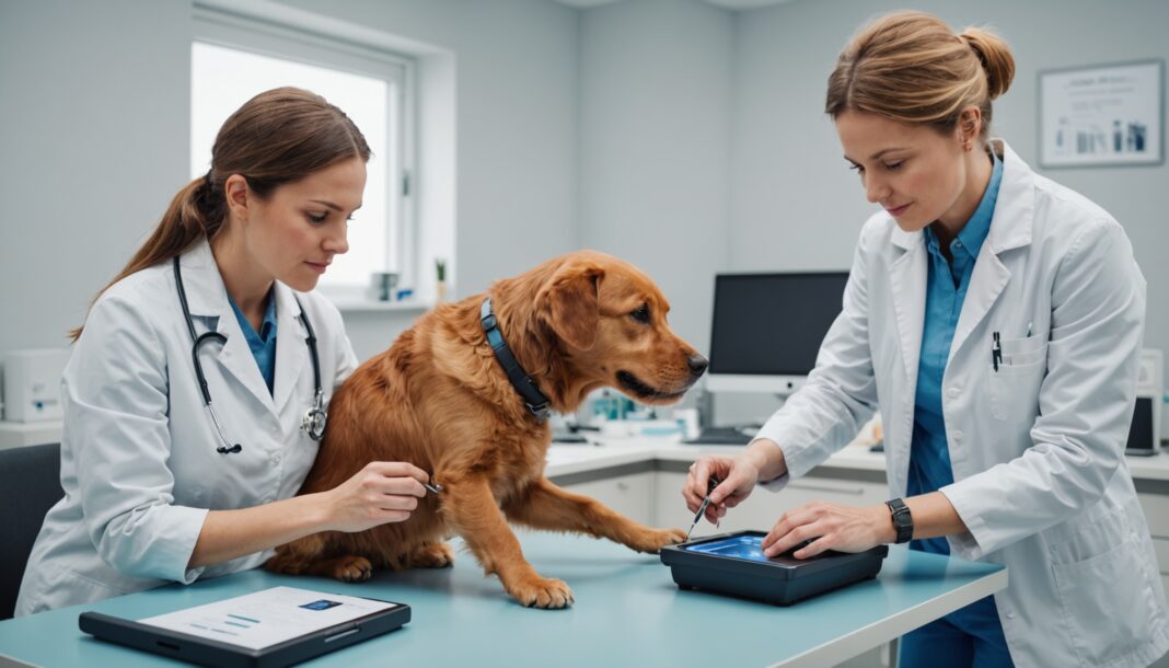 Vétérinaire vérifiant l'identification électronique d'un chien et d'un chat en clinique