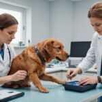 Vétérinaire vérifiant l'identification électronique d'un chien et d'un chat en clinique