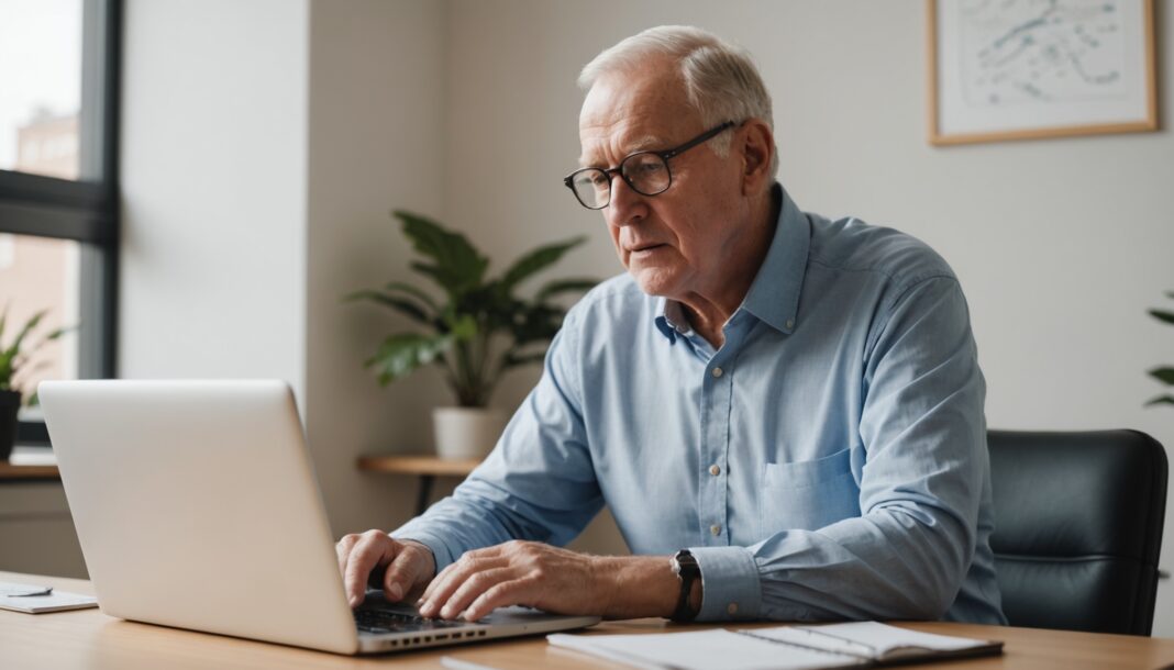 Retraité travaillant sur un ordinateur portable dans un bureau lumineux