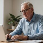 Retraité travaillant sur un ordinateur portable dans un bureau lumineux