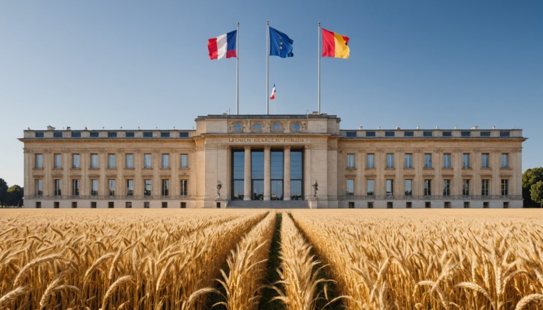 Bâtiment ministériel français entouré de champs de blé, symbole de la politique agricole