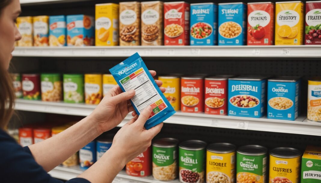 Rayon de supermarché avec comparaison d'étiquettes nutritionnelles Nutri-Score