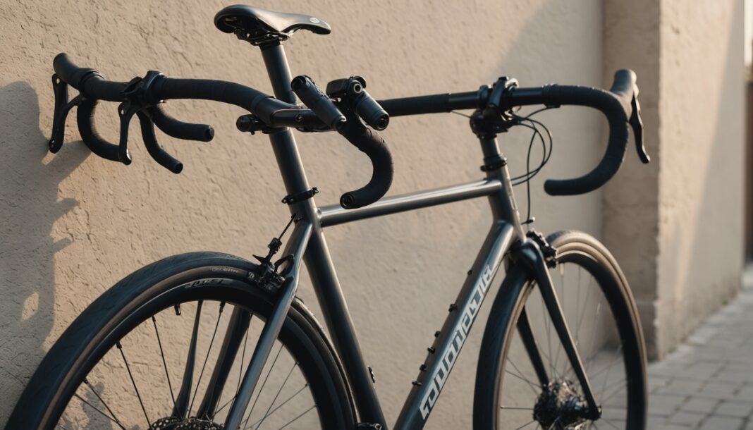 Vélo de course posé contre un mur dans la lumière du matin